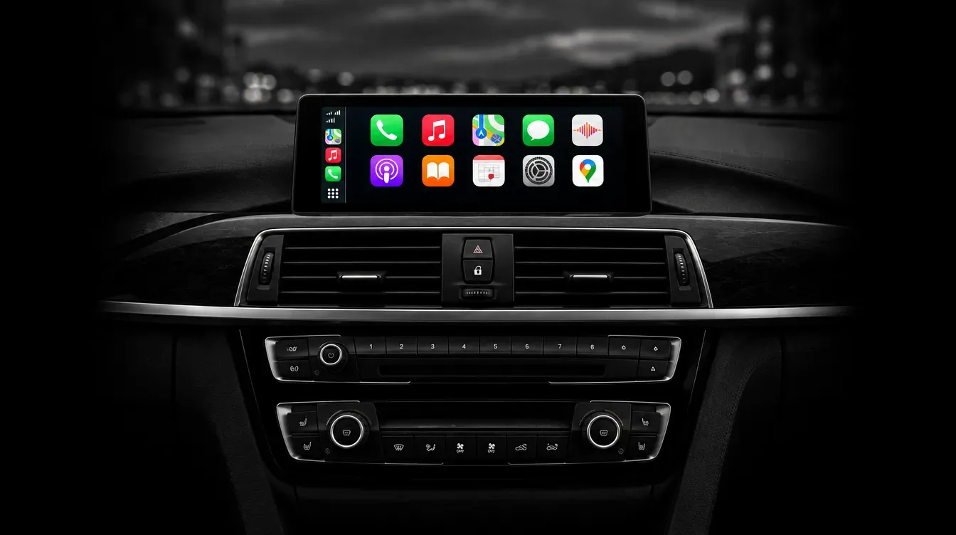 Centre of a BMW 3 Series F30 dashboard: iDrive NBT Evo screen showing the Apple CarPlay home screen