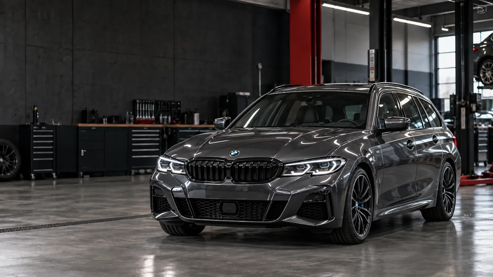BMW Série 3 Touring grise dans un atelier, prête pour son entretien