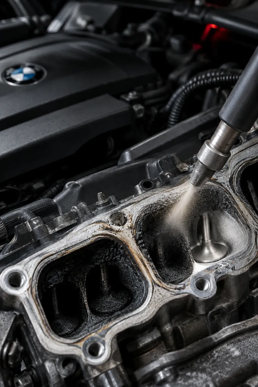 Nettoyage de l'admission d'un moteur diesel BMW aux granulés de coquille de noix