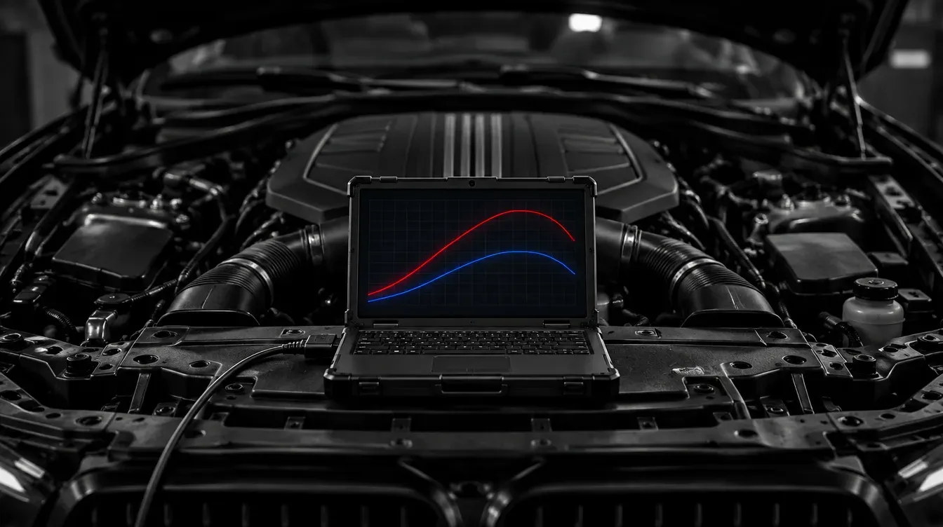 Engine bay of a six-cylinder BMW, with a connected remapping computer displaying a power and torque curve