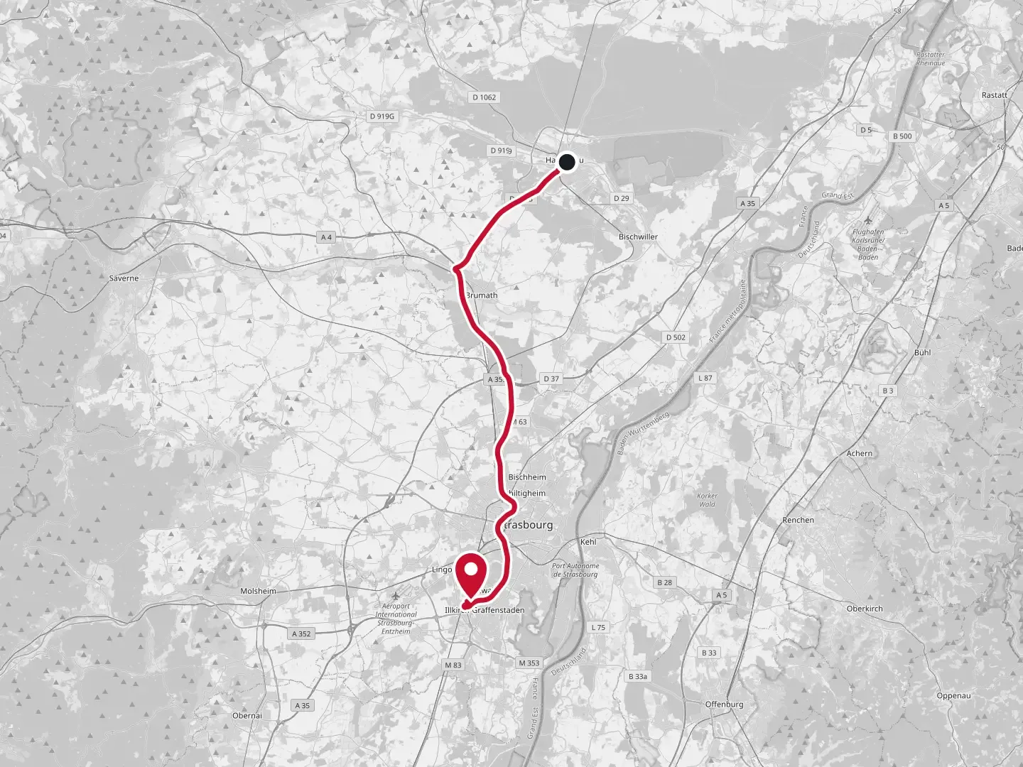 Carte du trajet routier de Haguenau à l'atelier Askwert Motors d'Ostwald par l'A4 et l'A35
